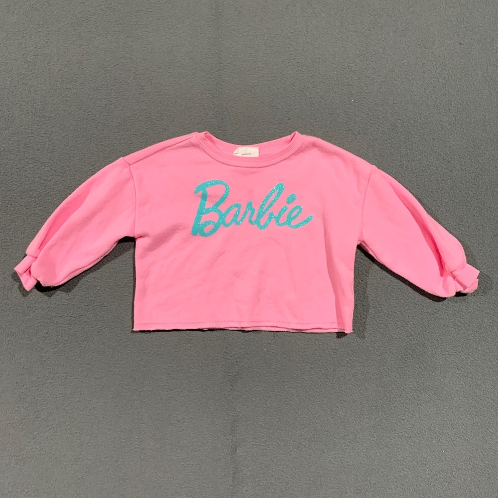 Barbie Pink Cropped‎ Sweatshirt Girls Size 2T Glitter Big Logo Long Sleeve